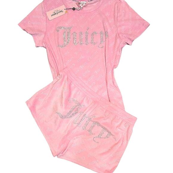 Juicy Couture Signature Diagonal Embossed Logo Rhinestone Juicy Velour PJ Set - Picture 2 of 6